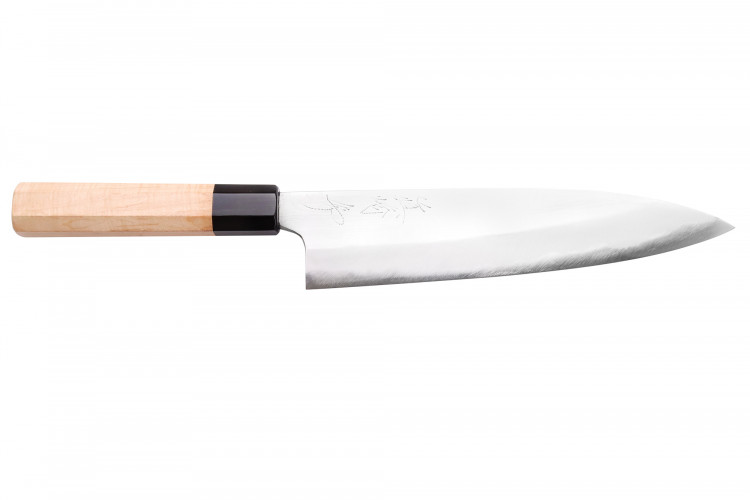 Couteau de chef 21cm japonais artisanal Naoki Mazaki Shirogami 2 San Ma&iuml; manche en laurier
