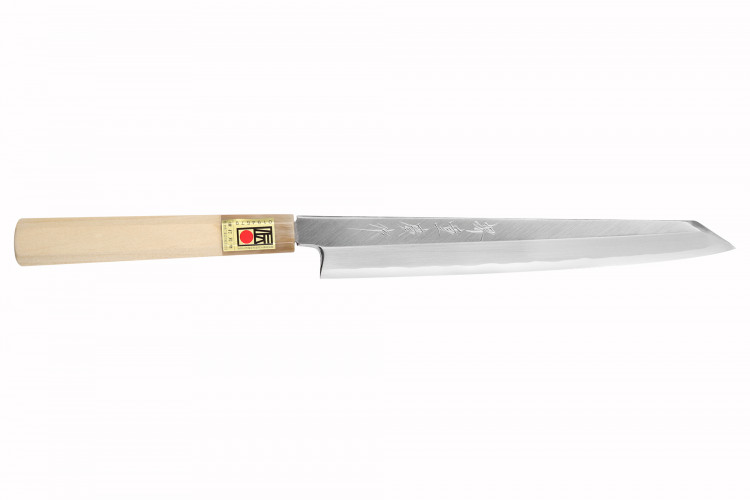 Couteau yanagiba kiritsuke japonais artisanal Kasahara Shigehiro forgé par Yoshikazu Ikeda 21cm