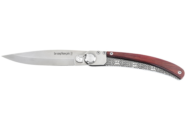 Couteau pliant Le Coq Fran&ccedil;ais Charlemagne Red Heart artisanal manche bois rouge 11,5cm + &eacute;tui