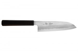 Couteau santoku japonais artisanal Kagekiyo Yoshikazu Tanaka Damas Aogami 18cm