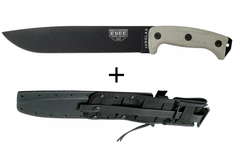 Machette Esee Junglas JUNGLAS-E lame acier carbone noir 26,5cm manche micarta gris + &eacute;tui