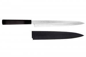 Couteau yanagiba japonais artisanal 27cm Sakai Takayuki Byakko manche en ébène + étui