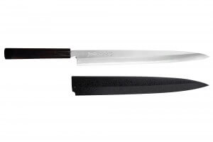 Couteau yanagiba japonais artisanal 33cm Sakai Takayuki Byakko manche en ébène + étui