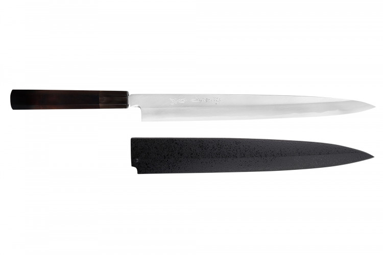 Couteau yanagiba japonais artisanal 30cm Sakai Takayuki Byakko manche en &eacute;b&egrave;ne + &eacute;tui