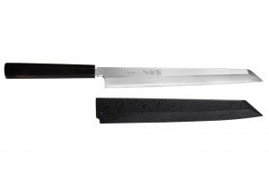 Couteau yanagiba kiritsuke japonais artisanal 27cm Sakai Takayuki Byakko manche en ébène + étui