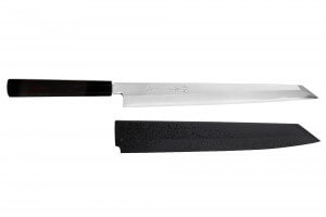 Couteau yanagiba kiritsuke japonais artisanal 30cm Sakai Takayuki Byakko manche en ébène + étui