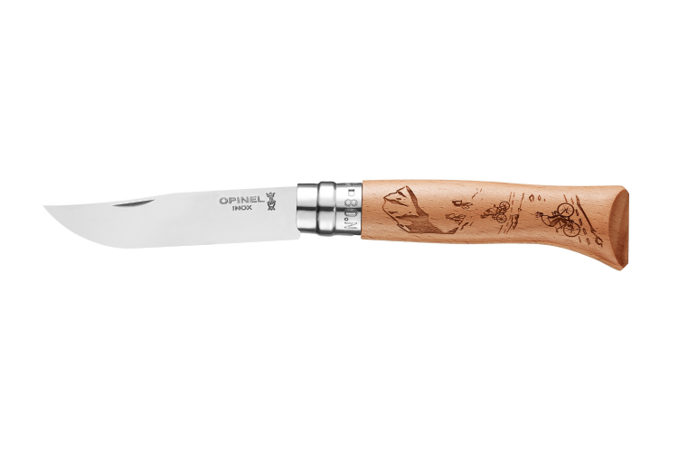 Couteau Opinel Tradition Gravures Sport Velo n&deg;8 lame 8,5cm manche h&ecirc;tre