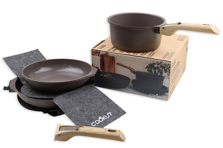 L'Incroyable Kit Cookut 2 po&ecirc;les et 1 casserole &agrave; poign&eacute;e amovible - moka