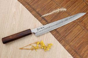 Couteau sujihiki japonais artisanal Wusaki Yoshi G3 chêne 24cm