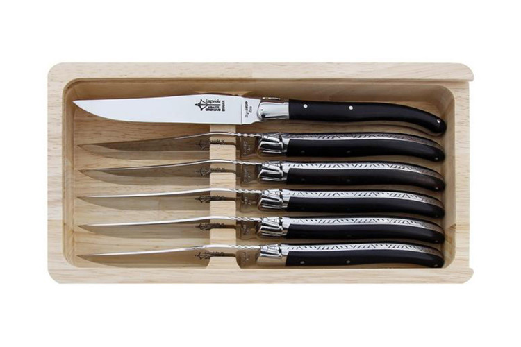 Coffret 6 couteaux de table Laguiole Arbal&egrave;te G.DAVID inox 21cm manche en bois d'&eacute;b&egrave;ne