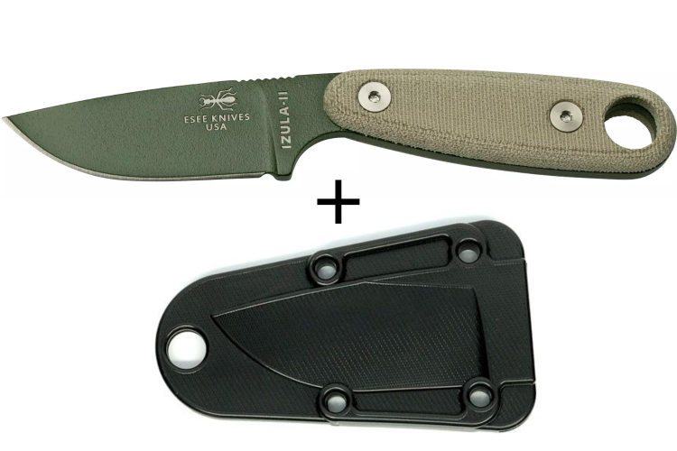 Couteau Esee Izula II IZULA-II-OD lame acier carbone 6,7cm manche micarta vert + &eacute;tui