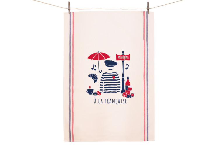 Torchon &eacute;cru bandes tricolores Tissage de l'Ouest Yolande fabriqu&eacute; en France - &Agrave; la fran&ccedil;aise