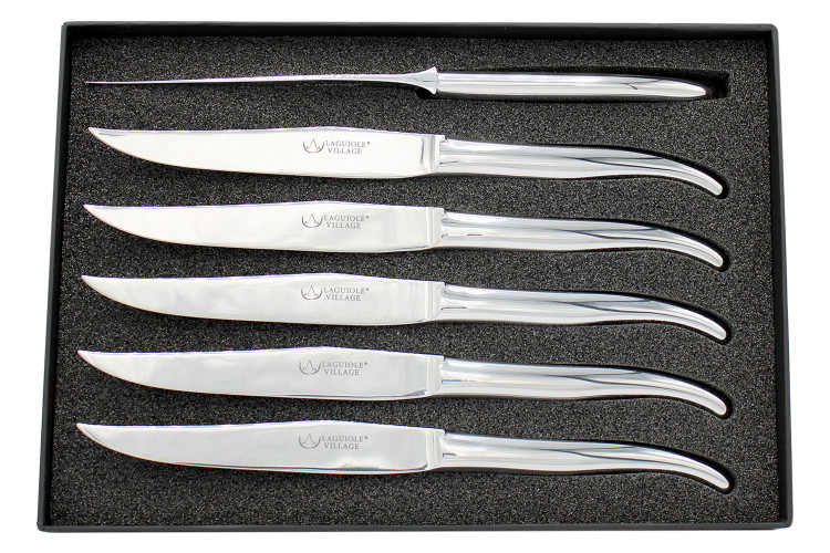 Coffret de 6 couteaux de table Laguiole Village A&eacute;ro en inox brillant