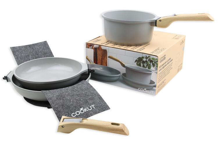 L'Incroyable Kit Cookut 2 po&ecirc;les et 1 casserole &agrave; poign&eacute;e amovible - perle