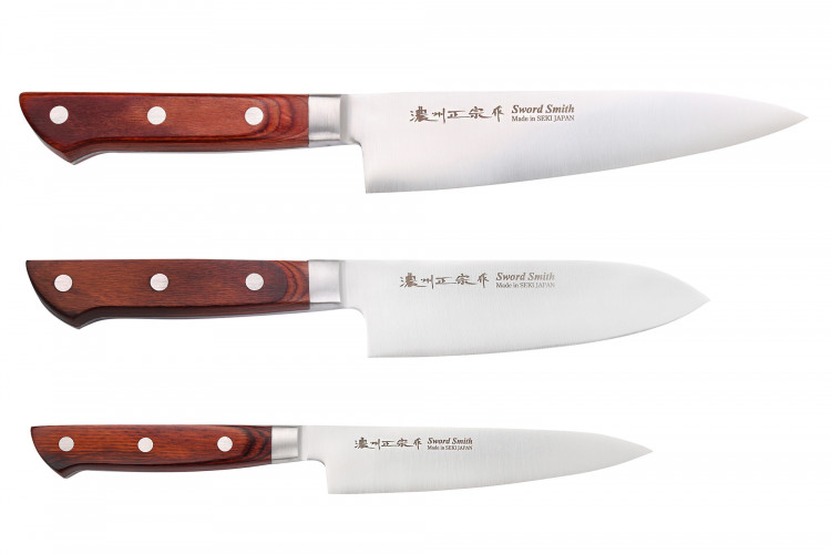 Coffret 3 couteaux japonais Satake Brown Pakkawood chef + santoku + office