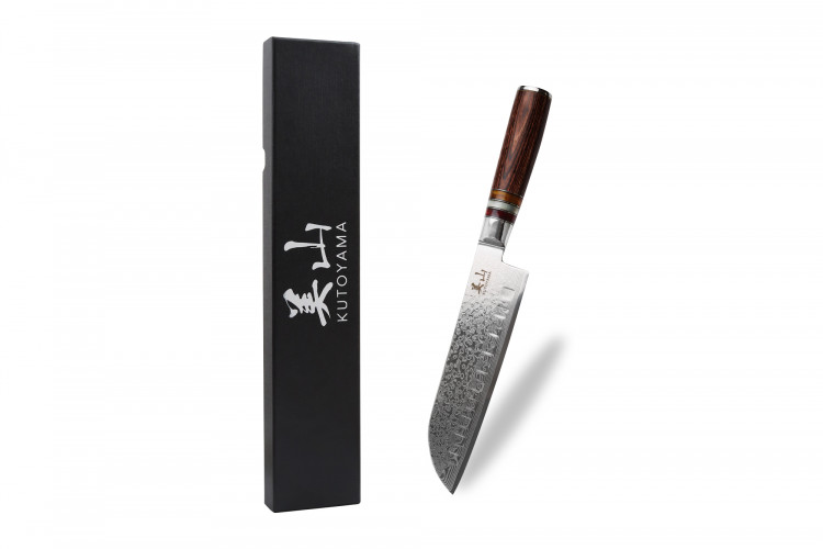 Couteau santoku alv&eacute;ol&eacute; Kutoyama 17cm damas manche pakka et anneaux acryliques