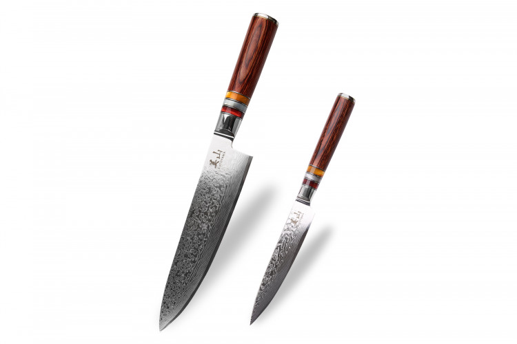Set de 2 couteaux Kutoyama Damas manches pakka et anneaux acrylique chef + universel