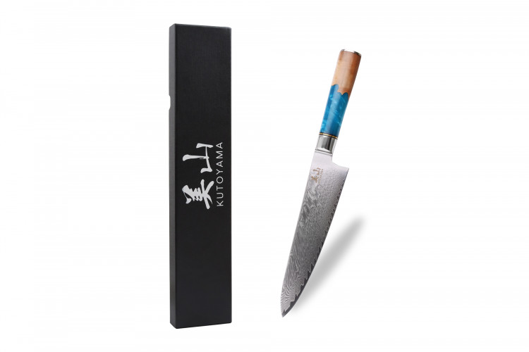 Couteau de chef 20cm Kutoyama damas manche r&eacute;sine bleue