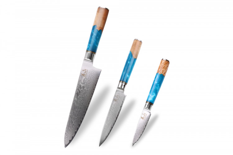 Set de 3 couteaux Kutoyama damas manches en r&eacute;sine bleue chef + universel + office