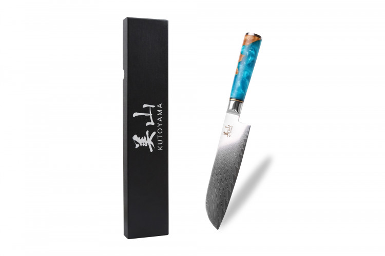 Couteau santoku 17cm Kutoyama damas manche r&eacute;sine bleue