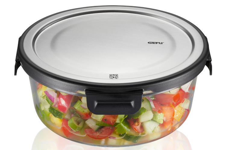 Bo&icirc;te de conservation ronde au frais Gefu Milo en verre borosilicat&eacute; et acier inox 900ml