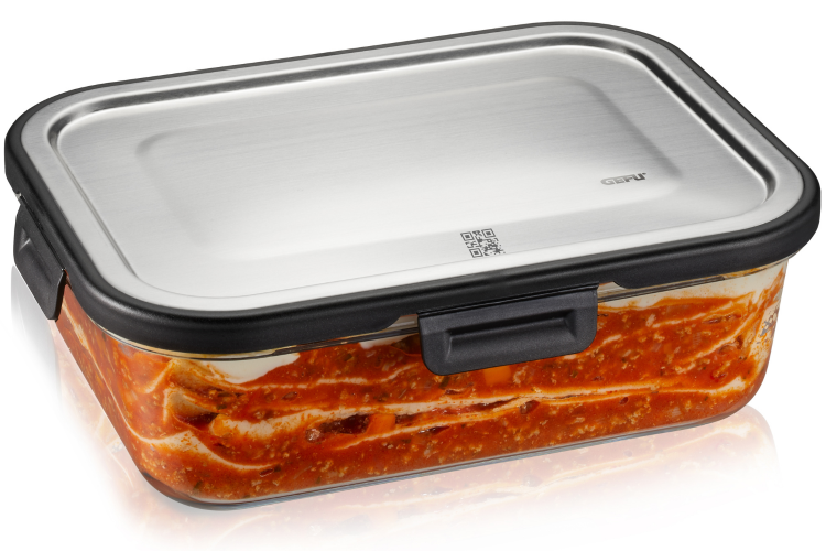 Boîte de conservation rectangulaire au frais Gefu Milo en verre borosilicaté et acier inox 1500ml