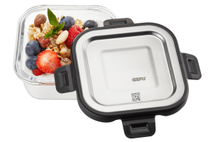 Boîte de conservation carrée au frais Gefu Milo en verre borosilicaté et acier inox 300ml