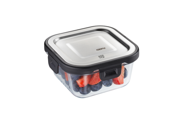 Bo&icirc;te de conservation carr&eacute;e au frais Gefu Milo en verre borosilicat&eacute; et acier inox 300ml