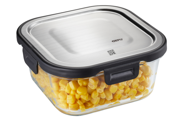 Bo&icirc;te de conservation carr&eacute;e au frais Gefu Milo en verre borosilicat&eacute; et acier inox 800ml