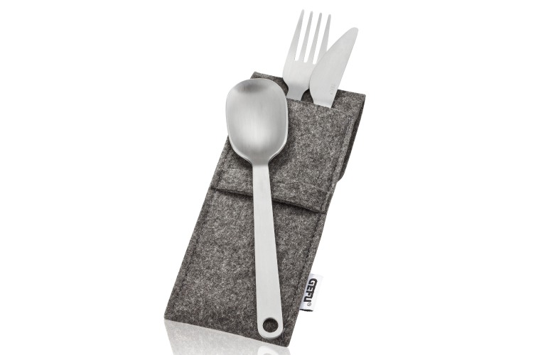 Set de 3 couverts Gefu Move en acier inoxydable + &eacute;tui en feutre doux