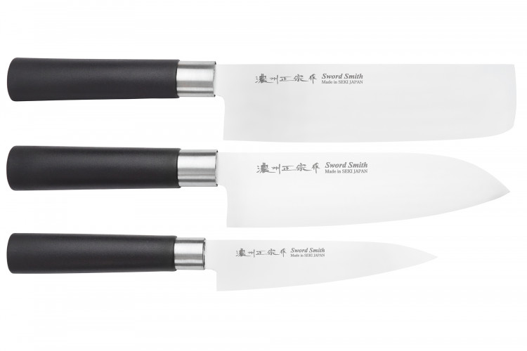 Coffret 3 couteaux japonais Satake Masamune Saku nakiri + santoku + office