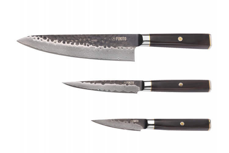 Coffret 3 couteaux Fukito Ébène Damas VG10 Chef + Universel + Office