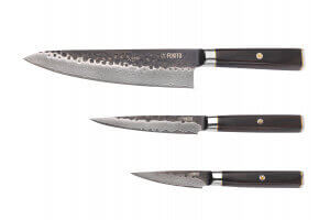 Coffret 3 couteaux Fukito Ébène Damas VG10 Chef + Universel + Office