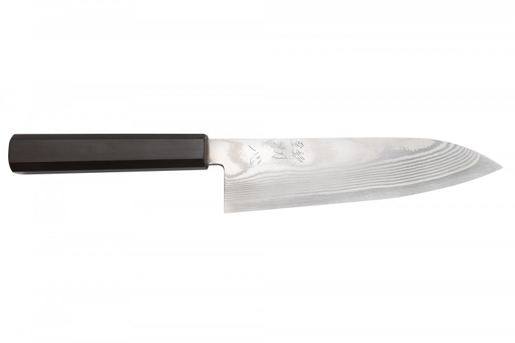 Couteau santoku 18cm japonais artisanal Hatsukokoro Ginsou Damas manche en &eacute;b&egrave;ne