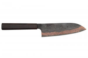 Couteau santoku 18cm japonais artisanal Hatsukokoro Yorokobi Kurouchi Damas
