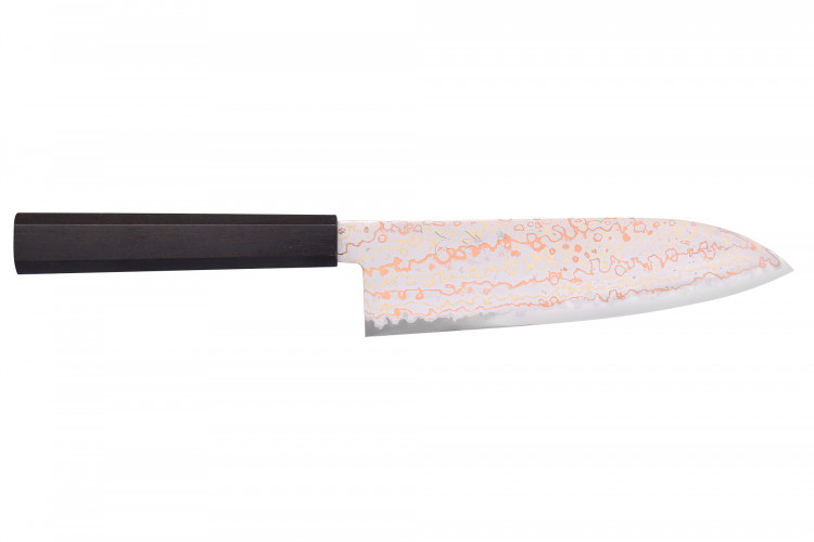 Couteau santoku 18cm japonais artisanal Hatsukokoro Hayabusa Rainbow Damas