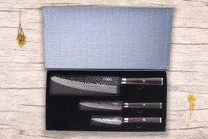 Coffret 3 couteaux Fukito Ébène Damas VG10 Chef + Universel + Office