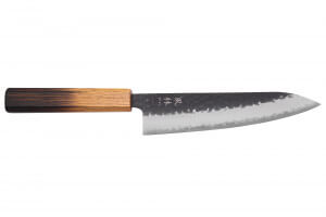Couteau de chef 18cm japonais artisanal Yuzo Black AS chêne brûlé