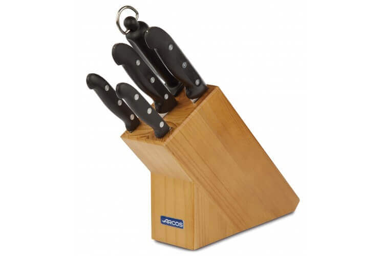Bloc en pin 4 couteaux + 1 fusil Arcos MAITRE lames acier inox NITRUM