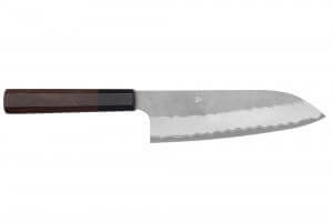 Couteau santoku 18cm japonais artisanal Nigara Hamono Tsuchime AS manche en noyer