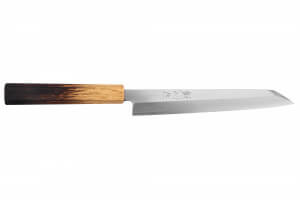 Couteau yanagiba kiritsuke 21cm japonais artisanal Nakamura Kaishin Saku WS2 en chêne