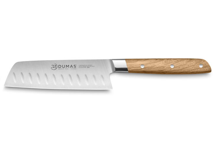 Couteau santoku alv&eacute;ol&eacute; 13cm 32 Dumas Signature manche en ch&ecirc;ne vert