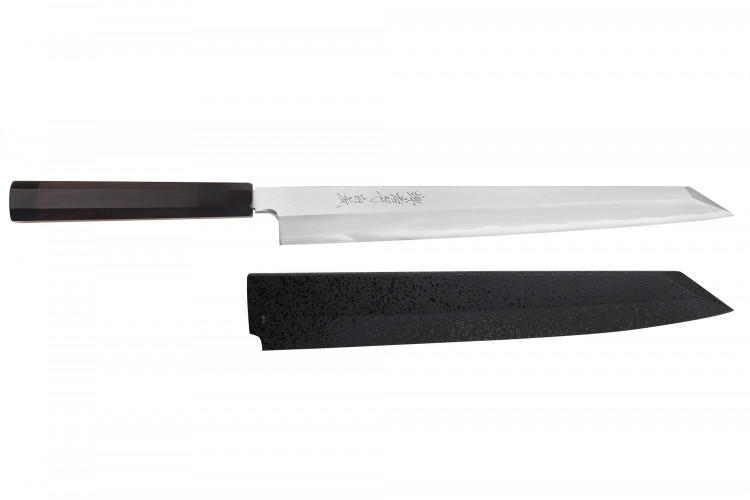 Couteau yanagiba kiritsuke japonais artisanal 33cm Sakai Takayuki Byakko manche en &eacute;b&egrave;ne + &eacute;tui