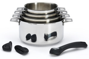 Set de 4 casseroles De Buyer Milady Twisty en acier inoxydable + 1 poignée + 2 anses