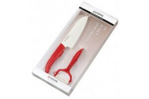 Coffret KYOCERA santoku 14 cm + Eplucheur céramique manches rouges