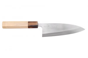 Couteau deba 15cm japonais artisanal Nakamura Kaishin Saku WS2 en magnolia