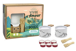 Service à raclette à la bougie Cookut Lumi pour 2 motif montagne blanc - Vivre d'amour et de raclette