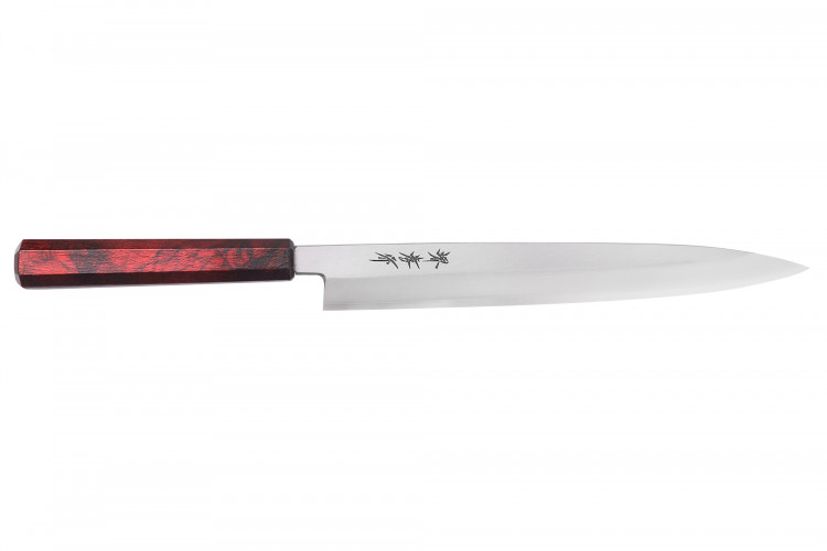 Couteau yanagiba japonais 27cm Sakai Takayuki Nanairo manche en r&eacute;sine laqu&eacute; rouge