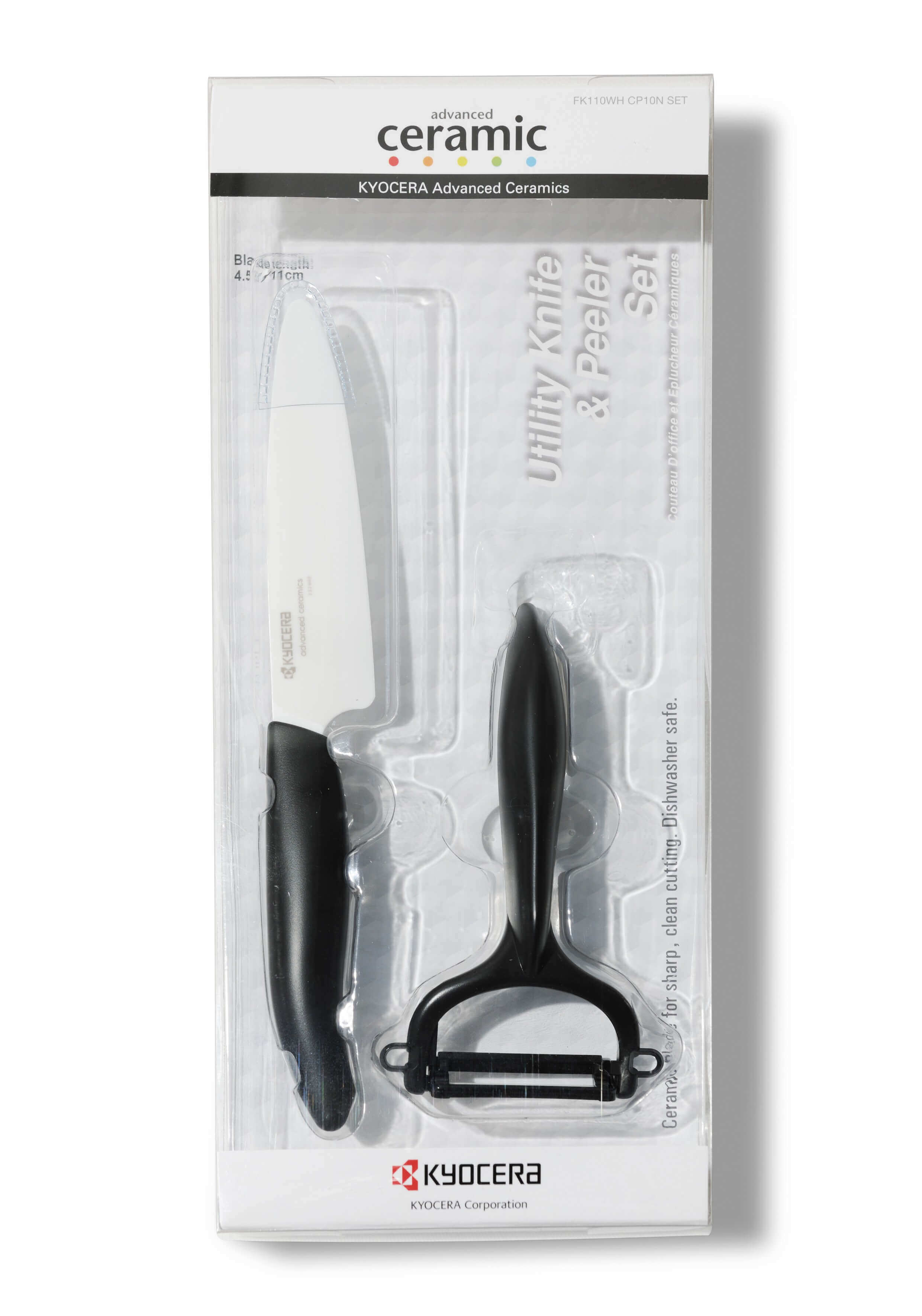 Coffret KYOCERA couteau d'office 11 cm + Eplucheur céramique manches noirs