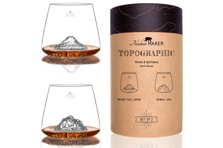 Set de 2 verres &agrave; spiritueux Alaskan Maker Topographic Mont Fuji & Denali en verre cristallin